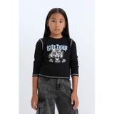 DeFacto Kız Çocuk Cropped Fit Bisiklet Yaka Baskılı Fitilli Kaşkorse Uzun Kollu Tişört D3430A824WNBK81 Siyah
