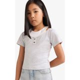 DeFacto Kız Çocuk Cropped Fit Bisiklet Yaka Ribana Kısa Kollu Tişört E1830A825SM - Gri-GR421 - 5 - 6 Yaş