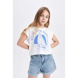DeFacto Kız Çocuk Kısa Kollu Crop Tişört Günlük Stil Deniz Baskılı Beyaz Renk 9-10 Yaş - Beyaz-WT34 - 9 - 10 Yaş