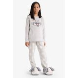 Defacto Kız Çocuk Looney Tunes Pijama Takımı Nakışlı Pelüş Uzun Kollu Üst Uzun Alt D1069a825wngr294 Gri