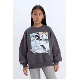 DeFacto Kız Çocuk Oversize Geniş Kalıp Bisiklet Yaka Baskılı Sweatshirt D7054A824WN - Antrasit-AR148 - 8 - 9 Yaş
