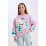 Defacto Kız Çocuk Oversize Geniş Kalıp Bisiklet Yaka Baskılı Sweatshirt