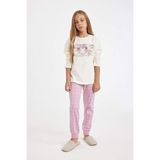 DeFacto Kız Çocuk Pijama Takım Baskılı Uzun Kollu Üst Beli Lastikli Uzun Alt D2107A824AU - 5 - 6 Yaş - Ekru-ER103
