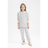 DeFacto Kız Çocuk Pijama Takım Çizgili Uzun Kollu Üst Beli Lastikli Uzun Alt D7747A824WN - 7 - 8 Yaş - Ekru-ER85