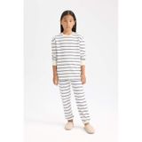 Defacto Kız Çocuk Pijama Takım Çizgili Uzun Kollu Üst Beli Lastikli Uzun Alt D7747a824wner85 Ekru