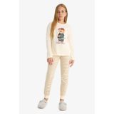 Defacto Kız Çocuk Pijama Takımı Baskılı Uzun Kollu Üst Çizgili Uzun Alt F1085a825auer134 Ekru