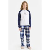 Defacto Kız Çocuk Pijama Takımı Baskılı Uzun Kollu Üst Kareli Uzun Alt F7288a825auwt79 Beyaz-wt79