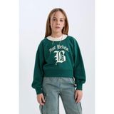 DeFacto Kız Çocuk Relax Fit Bisiklet Yaka Baskılı İçi Yumuşak Tüylü Sweatshirt D7042A824WN - Yeşil-GN1116 - 11 - 12 Yaş