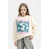 DeFacto Kız Çocuk Relax Fit Bisiklet Yaka Baskılı Sweatshirt D7055A824WN - Ekru-ER99 - 9 - 10 Yaş