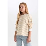 DeFacto Kız Çocuk Relax Fit Bisiklet Yaka Çizgili Sweatshirt D6503A8NSBG765 Bej