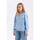 DeFacto Kız Çocuk Relax Fit V Yaka Baskılı Mavi Sweatshirt Uzun Kol Rahat Kalıp Ekstra Özellikler D6987A824WN - Mavi-BE734 - 7 - 8 Yaş