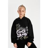 DeFacto Kız Çocuk Siyah Oversize Geniş Kalıp Kapüşonlu Baskılı Sweatshirt D0614A824AU