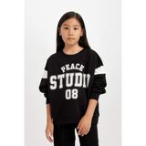 DeFacto Kız Çocuk Siyah Relax Fit Bisiklet Yaka Baskılı Sweatshirt D6641A824AU