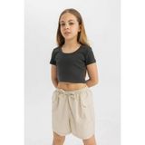 DeFacto Kız Çocuk Slim Fit Dar Kesim Bisiklet Yaka Basic Düz Fitilli Kaşkorse Kısa Kollu Tişört C4510A824SM - 8 - 9 Yaş - Antrasit-AR211