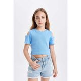DeFacto Kız Çocuk Slim Fit Dar Kesim Bisiklet Yaka Basic Düz Ribana Kısa Kollu Tişört C9714A824HS - Mavi-BE194 - 13 - 14 Yaş