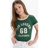 DeFacto Kız Çocuk Slim Fit Dar Kesim Bisiklet Yaka Baskılı Fitilli Kaşkorse Kısa Kollu Tişört D8542A825SM - Yeşil - Dropsuz - 7 - 8 Yaş