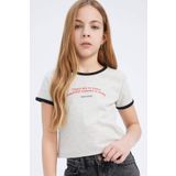 DeFacto Kız Çocuk Slim Fit Dar Kesim Bisiklet Yaka Baskılı Fitilli Kaşkorse Kısa Kollu Tişört E0483a825sp