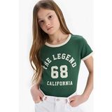 Defacto Kız Çocuk Slim Fit Dar Kesim Bisiklet Yaka Baskılı Fitilli Kaşkorse Kısa Kollu Tişört