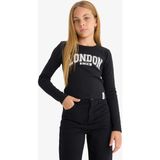 DeFacto Kız Çocuk Slim Fit Dar Kesim Bisiklet Yaka Baskılı Fitilli Kaşkorse Uzun Kollu Tişört C7465A825AU - Siyah-BK81 - Dropsuz - 5 - 6 Yaş