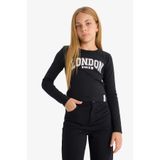 DeFacto Kız Çocuk Slim Fit Dar Kesim Bisiklet Yaka Baskılı Fitilli Kaşkorse Uzun Kollu Tişört C7465A825AU