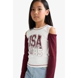 DeFacto Kız Çocuk Slim Fit Dar Kesim Bisiklet Yaka Baskılı Ribana Uzun Kollu Okul Tişörtü F7582A825AU