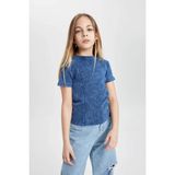 DeFacto Kız Çocuk Slim Fit Dar Kesim Bisiklet Yaka Fitilli Kaşkorse Kısa Kollu Tişört C3187A824SM - Mavi-BE341 - 5 - 6 Yaş