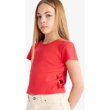 DeFacto Kız Çocuk Slim Fit Dar Kesim Bisiklet Yaka Fitilli Kaşkorse Kısa Kollu Tişört F0306A825SM - Kırmızı-RD87 - 8 - 9 Yaş