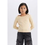 DeFacto Kız Çocuk Slim Fit Dar Kesim Kaçık Yaka Baskılı Fitilli Kaşkorse Uzun Kollu Tişört D9237A825SP - Bej-BG362 - 11 - 12 Yaş