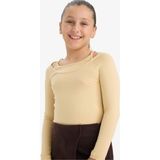 DeFacto Kız Çocuk Slim Fit Dar Kesim Kaçık Yaka Baskılı Fitilli Kaşkorse Uzun Kollu Tişört D9237A825SP - Bej-BG362 - 8 - 9 Yaş