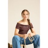 DeFacto Kız Çocuk Slim Fit Dar Kesim Omzu Açık Yıldız Desenli Ribana Kısa Kollu Tişört F7129A825AU - Kahve-BN328 - 11 - 12 Yaş