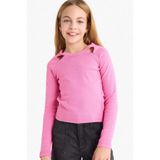 DeFacto Kız Çocuk Slim Fit Dar Kesim Taşlı Yaka Fitilli Kaşkorse Uzun Kollu Tişört G2550A825AU