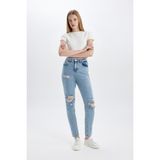 DeFacto Lina Mom Fit Yırtık Detaylı Yüksek Bel Bilek Boy Jean Yıkamalı Pantolon C2384AX24SM - 36 - İndigo-NM85