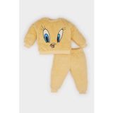 Defacto Looney Tunes 2'li Takım Pelüş Sweatshirt Beli Lastikli Eşofman Altı Kız Bebek, Sarı, 3/4 Yaş (104 cm)