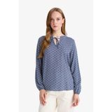 DeFacto N1809AZ25SP IN69 İndigo Regular Fit Bağcıklı Yaka Desenli Uzun Kollu Bluz