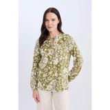 DeFacto N1809AZ25SP KH489 Haki Regular Fit Bağcıklı Yaka Çiçek Desenli Uzun Kollu Kadın Bluz