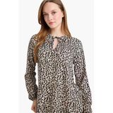 Defacto N1809azer103 Ekru Regular Fit Bisiklet Yaka Leopar Desenli Uzun Kollu Bluz