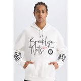 DeFacto NBA Brooklyn Nets Oversize Geniş Kalıp Kapüşonlu Kalın Sweatshirt, XL, D8513AX, Ekru, erkek