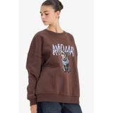 DeFacto Oversize Baskılı Sweatshirt, M, G6890AX25WN, Kahve, kadın