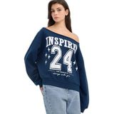 DeFacto Oversize Geniş Kalıp Açık Omuz Baskılı Kalın Sweatshirt, L, G7182AX25CW, Lacivert-NV1, kadın
