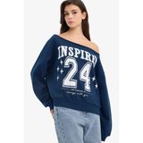 DeFacto Oversize Geniş Kalıp Açık Omuz Baskılı Kalın Sweatshirt, M, G7182AX25CW, Lacivert-NV1, kadın