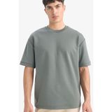 DeFacto Oversize Geniş Kalıp Bisiklet Yaka Ağır Kumaş Basic Düz Kısa Kollu Tişört, S, B6494AX25AU, Yeşil-GN826, Kadın