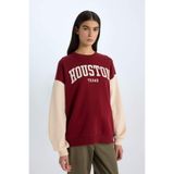 DeFacto Oversize Geniş Kalıp Bisiklet Yaka Baskılı Kalın Sweatshirt, XL, E3228AX24WN, Bordo-BR169, kadın
