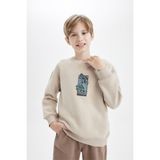 DeFacto Oversize Geniş Kalıp Bisiklet Yaka Baskılı Sweatshirt Erkek Çocuk