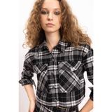 DeFacto Oversize Geniş Kalıp Crop Cepli Kalın Flanel Uzun Kollu Ceket Gömlek, XS, D7914AX24AU, Siyah-BK27, Kadın