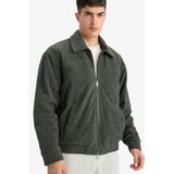 DeFacto Oversize Geniş Kalıp Gömlek Yaka Beli Lastikli Fermuarlı İç Cepli Kadife Mont, L, E9186AX25AU, Yeşil-GN1155, Erkek