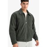 DeFacto Oversize Geniş Kalıp Gömlek Yaka Beli Lastikli Fermuarlı İç Cepli Kadife Mont, M, E9186AX25AU, Yeşil-GN1155, Erkek