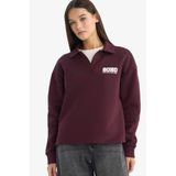 DeFacto Oversize Geniş Kalıp Polo Yaka Baskılı Sweatshirt, XS, G3721AX25WN, Bordo-BR171, kadın