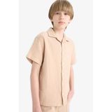 DeFacto Oversize Geniş Kalıp Polo Yaka Müslin Kısa Kollu Gömlek Erkek Çocuk, 13-14 Yaş, 25Y801007352_D801005, Bej, Erkek Çocuklar