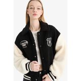 DeFacto Oversize Geniş Kalıp Polo Yaka Pelüş Bomber Ceket E9837AX25WN - Siyah-BK81 - XL
