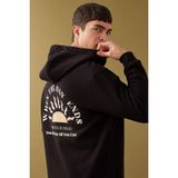DeFacto Oversize Geniş Kalıp Yarım Fermuarlı Kapüşonlu Sırt Baskılı Sweatshirt, M, B4804AX24SP, Siyah-BK81, erkek